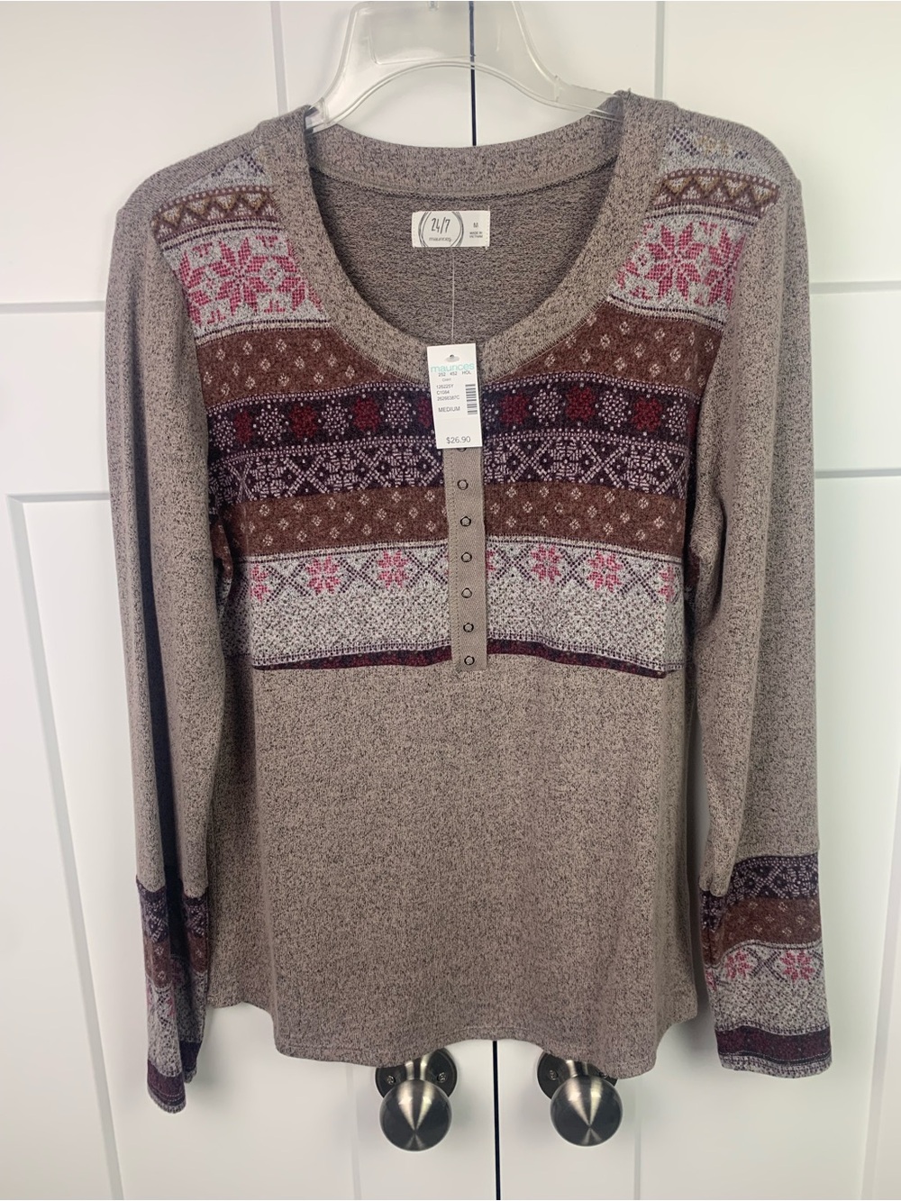NWT Maurices Medium Heartland Henley Fair Isle Tee Brown Long Sleeve Boho